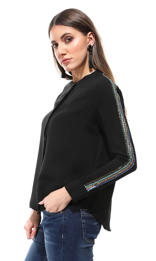 47170 Sequins Sleeves Buttoned Black Shirt