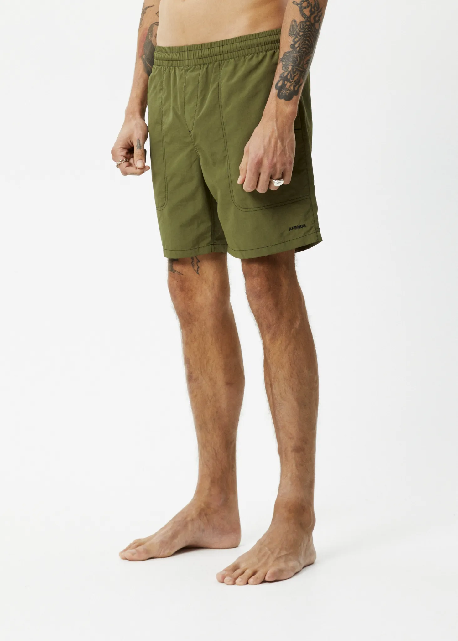 AFENDS Mens Baywatch - Swim Shorts 18" - Military