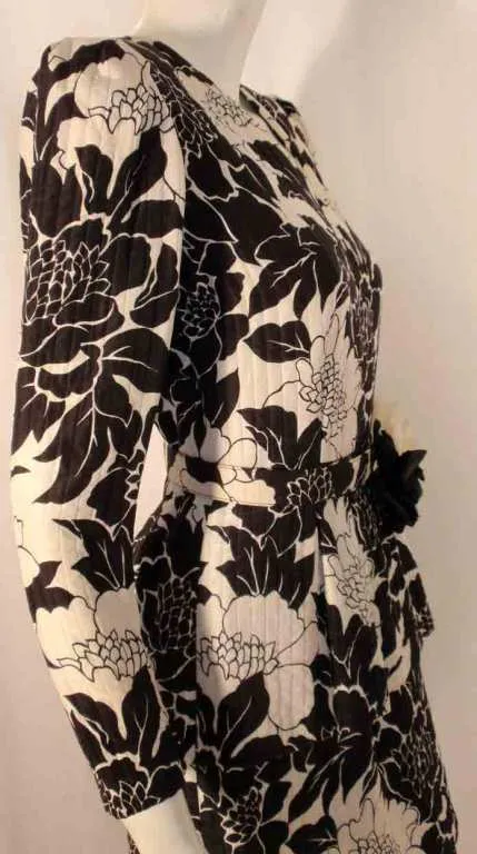 ANDRE LAUG Black and White Silk Floral Print Dress with Flower Belt