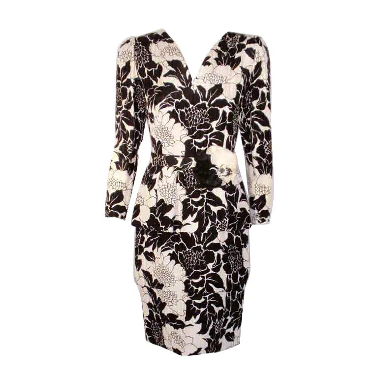 ANDRE LAUG Black and White Silk Floral Print Dress with Flower Belt