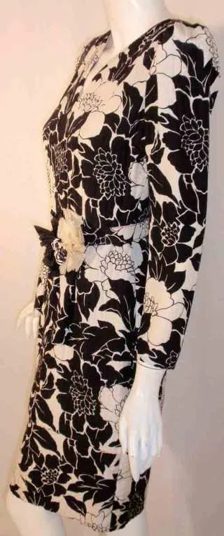 ANDRE LAUG Black and White Silk Floral Print Dress with Flower Belt