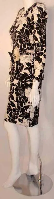 ANDRE LAUG Black and White Silk Floral Print Dress with Flower Belt