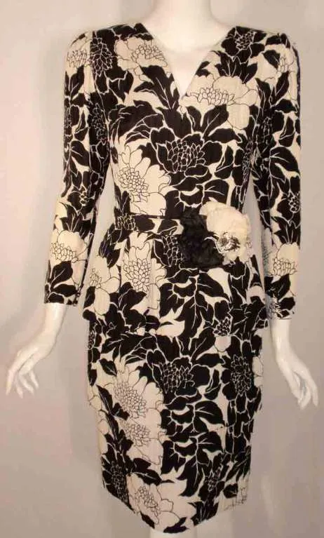 ANDRE LAUG Black and White Silk Floral Print Dress with Flower Belt