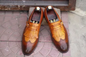 Awesome Handmade Men's Two Tone Tan Brown Leather Wing Tip Brogue Shoes, Men Dress Formal Fringes Monk Strap Shoes