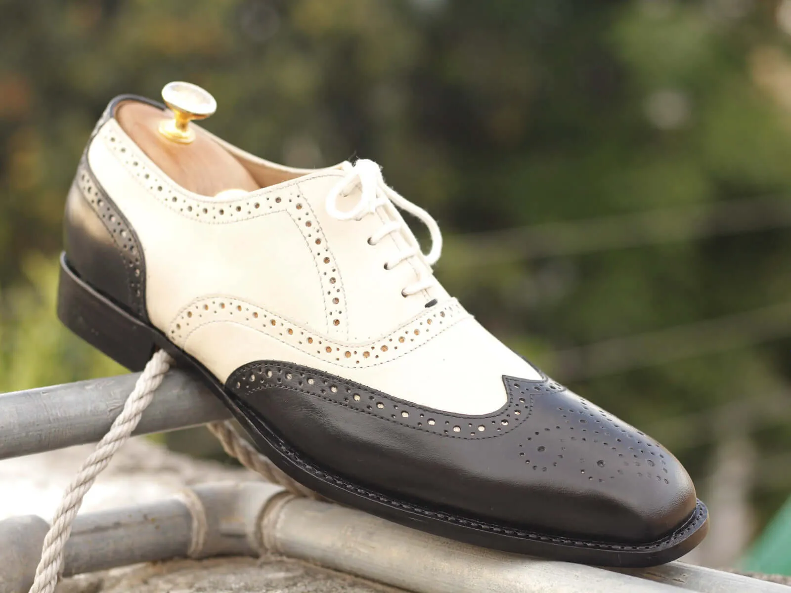 Beautiful Handmade Men's Black & White Wing Tip Brogue Leather Shoes, Men Designer Shoes