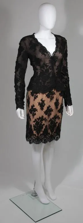 BILL BLASS Black Lace and Mesh Skirt Set Size 12-14