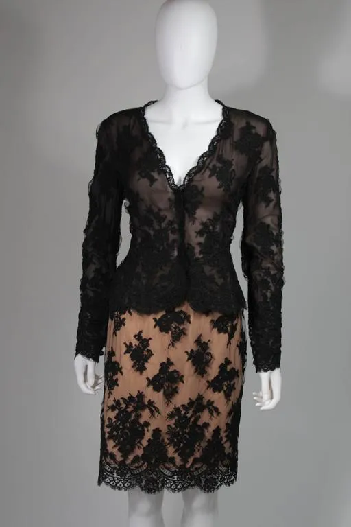 BILL BLASS Black Lace and Mesh Skirt Set Size 12-14