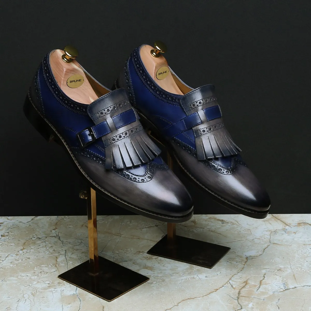 Blue/Grey Leather Fringed Single Monk Strap Shoes By Brune & Bareskin