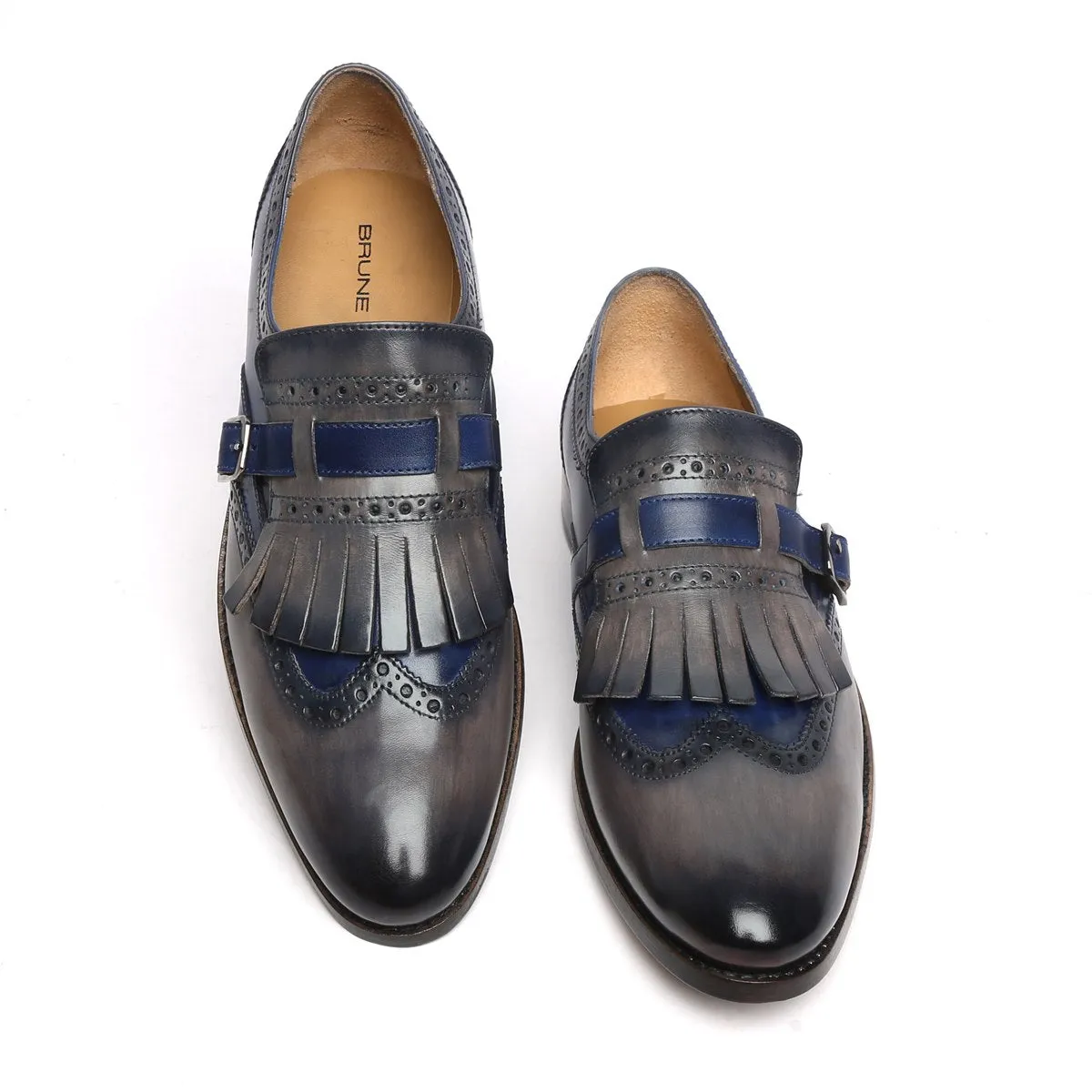 Blue/Grey Leather Fringed Single Monk Strap Shoes By Brune & Bareskin