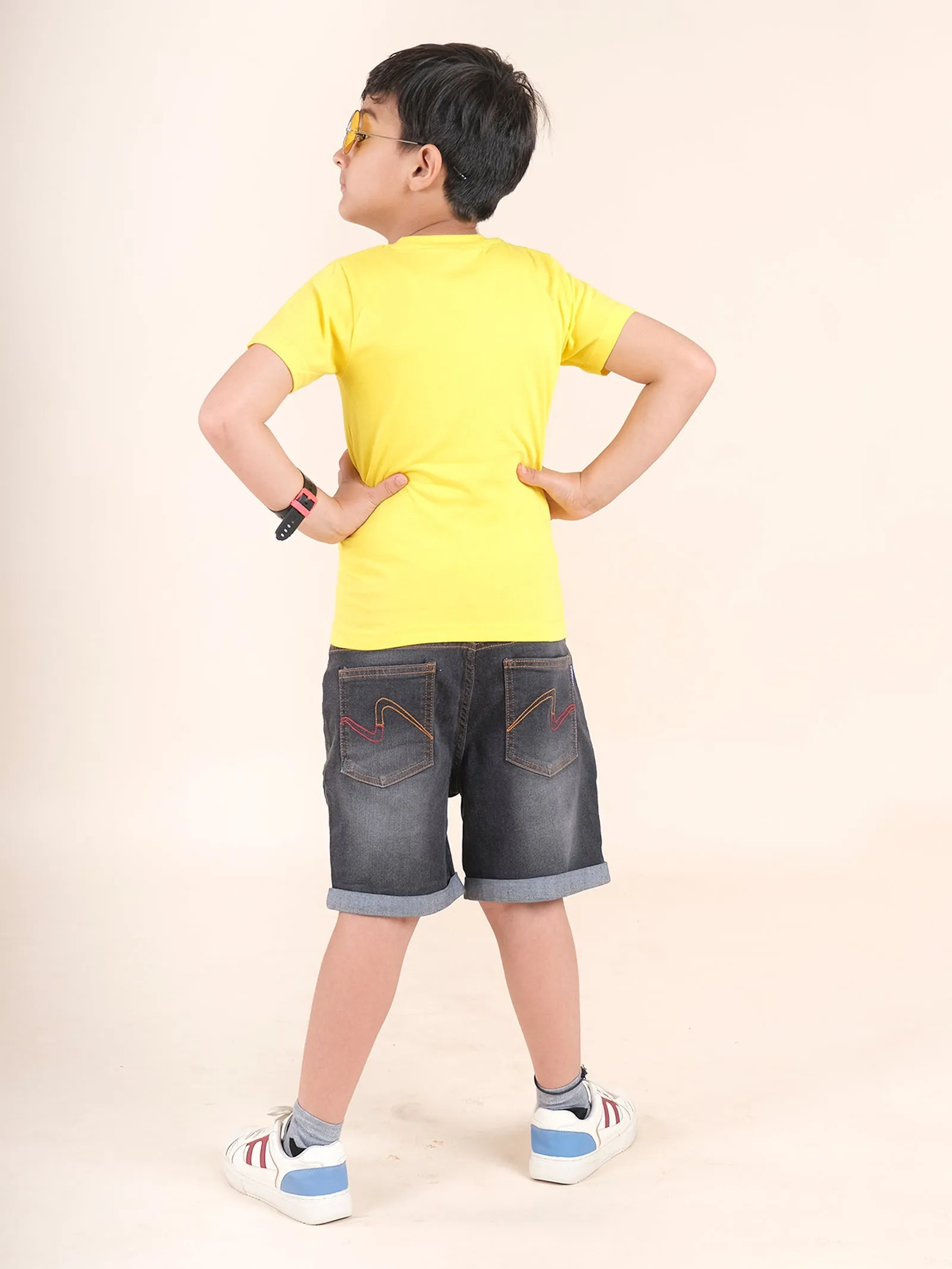 Boys Cotton Half Sleeves Printed Tee With Denim Rollup Shorts Set