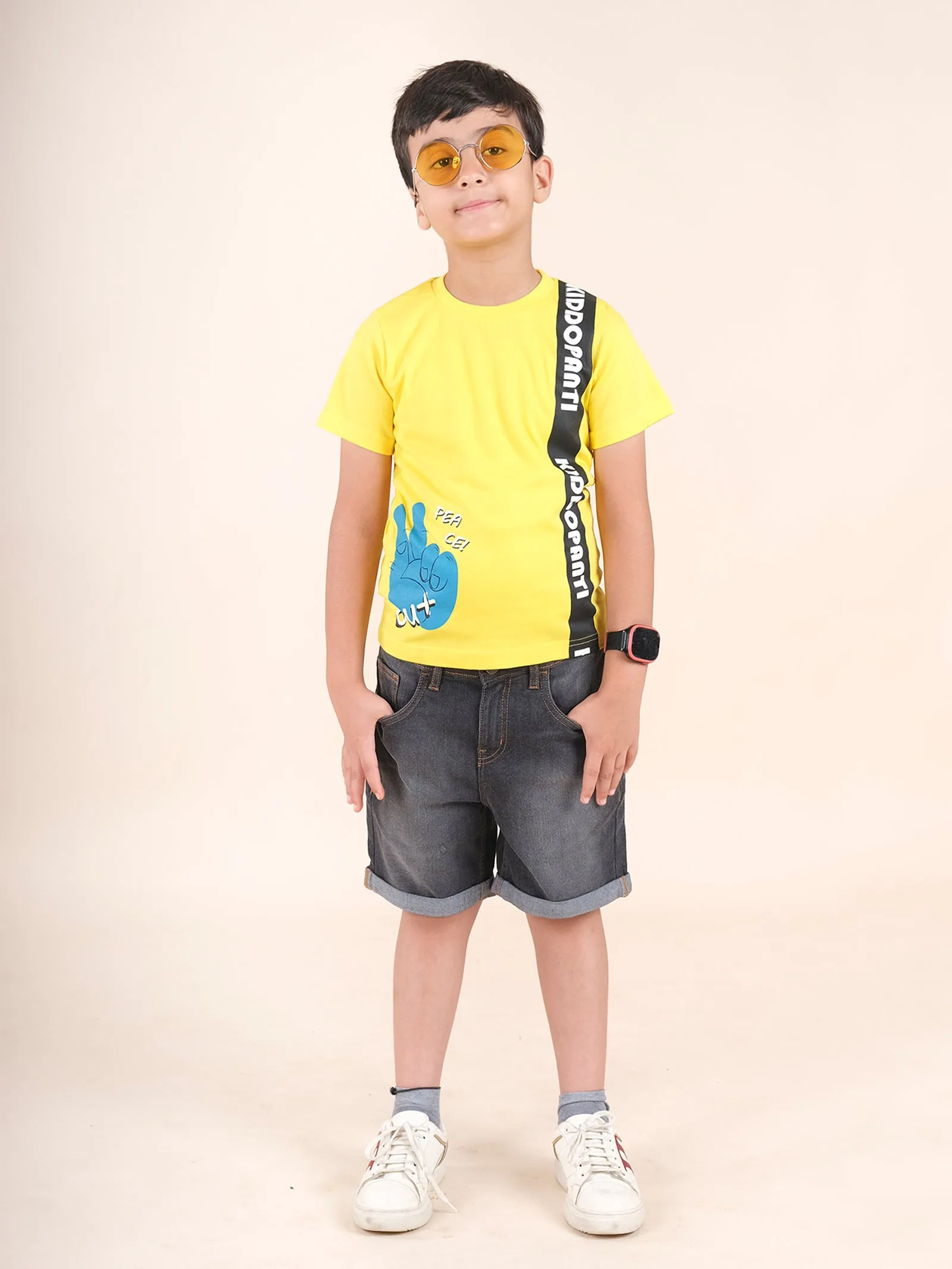 Boys Cotton Half Sleeves Printed Tee With Denim Rollup Shorts Set