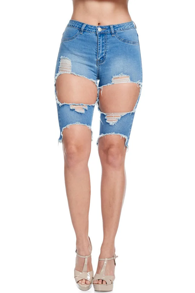 Cut Off Knee Length Ripped Skinny Fit Shorts