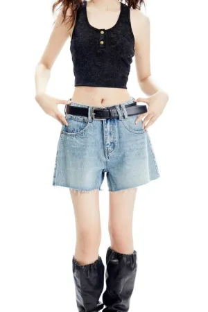 Denim Raw Hem Wide-Leg Shorts