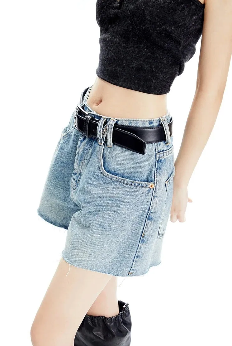 Denim Raw Hem Wide-Leg Shorts