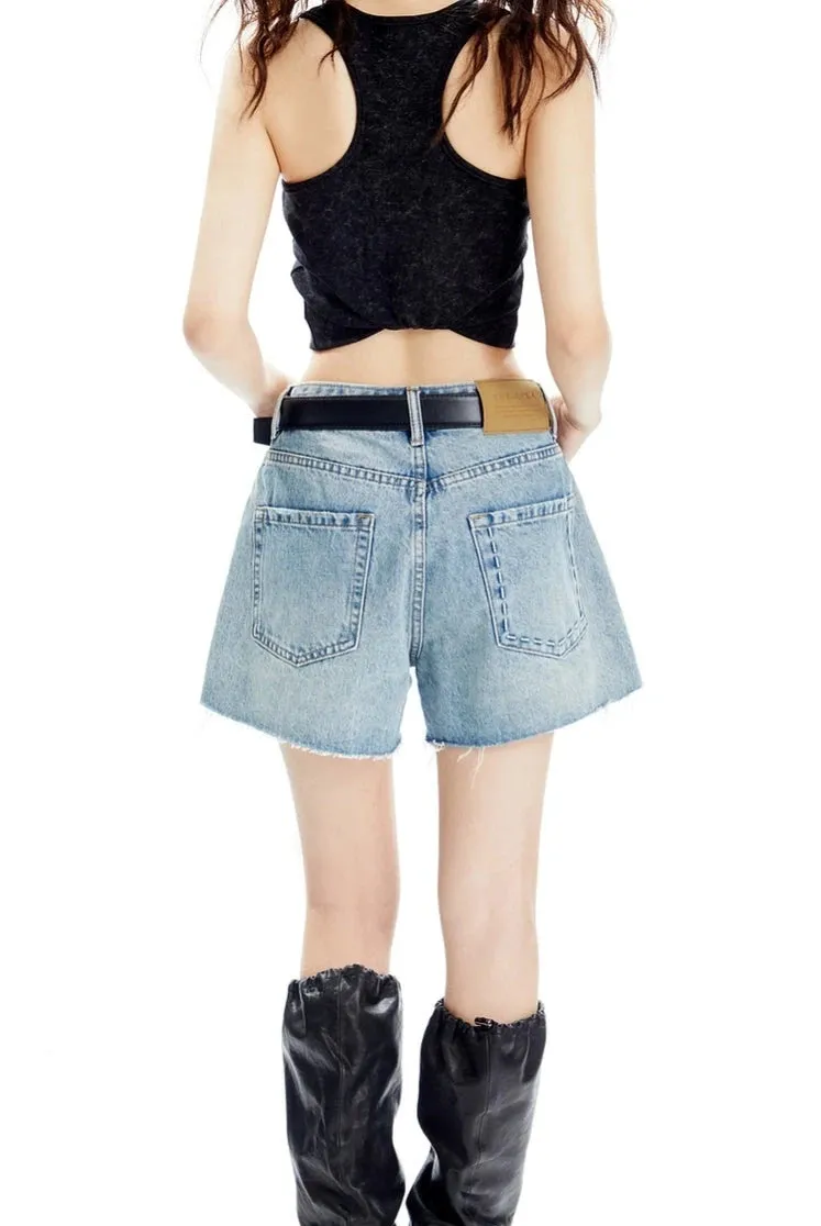 Denim Raw Hem Wide-Leg Shorts