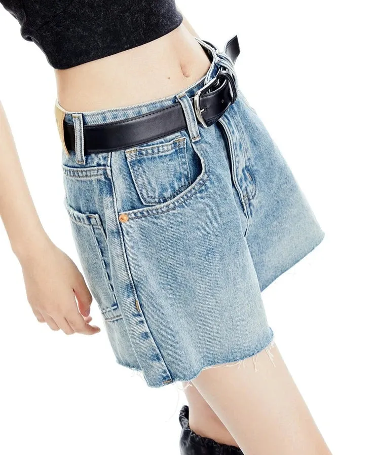 Denim Raw Hem Wide-Leg Shorts