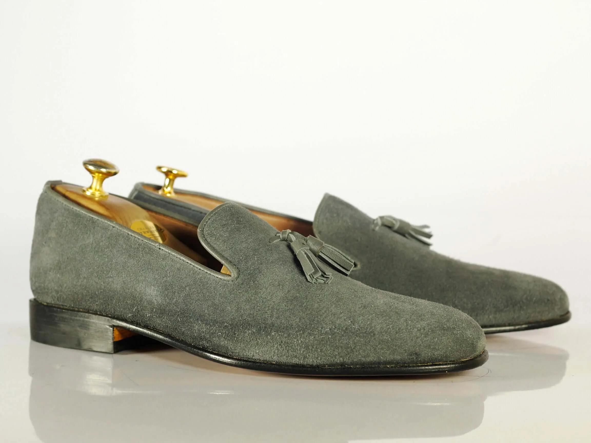 Elegant Handmade Men's Gray Suede Tassel Dress Loafer Shoes, Men Formal Designer Tussle Moccasin Shoes