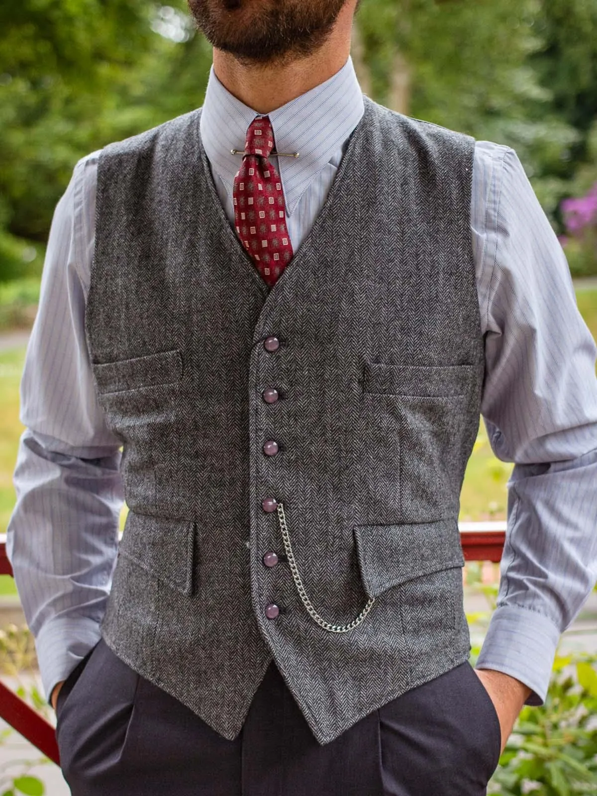 Grey Heathfield Stripe Forties Spearpoint Collar Shirt with Barrel Cuff