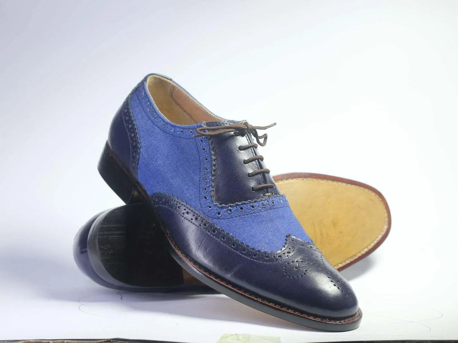 Handmade Men's Black Blue Wing Tip Brogue Shoes, Men Leather Denim Designer Shoes