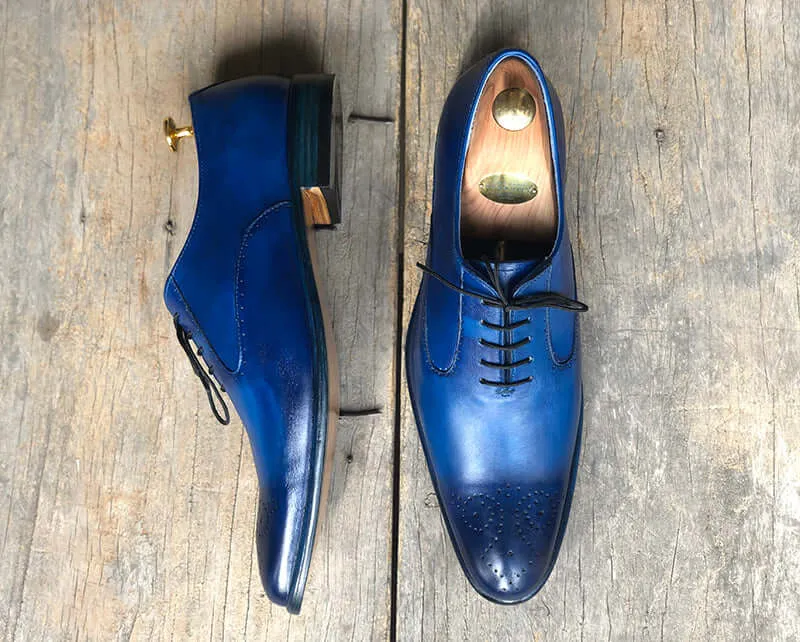 Handmade Men's Blue Brogue Pointed Toe Leather Shoes, Men Dress Formal Shoes