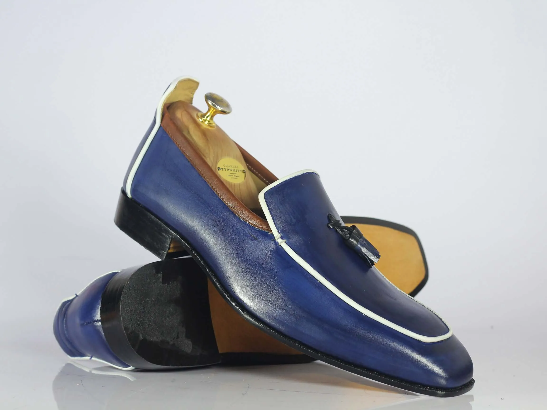 Handmade Men's Blue Leather Loafer Shoes, Men Tussle Stylish Designer Shoes