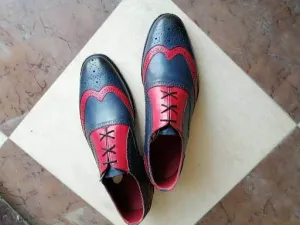 Handmade Men’s Pink & Navy Color Leather Wing Tip Brogue Lace Up Dress Shoes