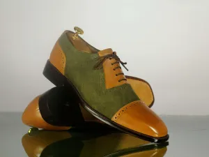 Handmade Men's Tan Green Cap Toe Leather Suede Dress Shoes, Men Designer Lace Up Shoes