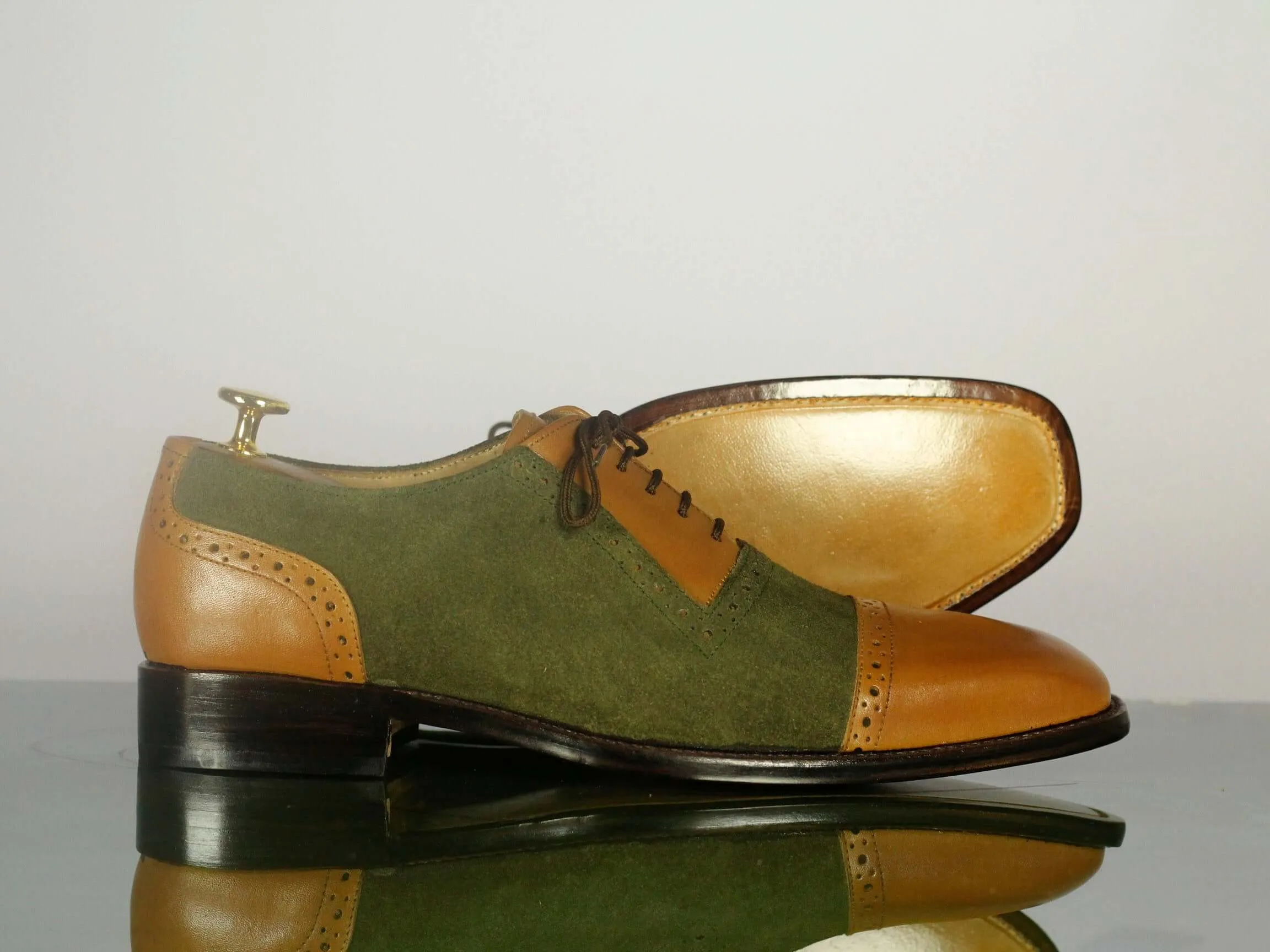 Handmade Men's Tan Green Cap Toe Leather Suede Dress Shoes, Men Designer Lace Up Shoes