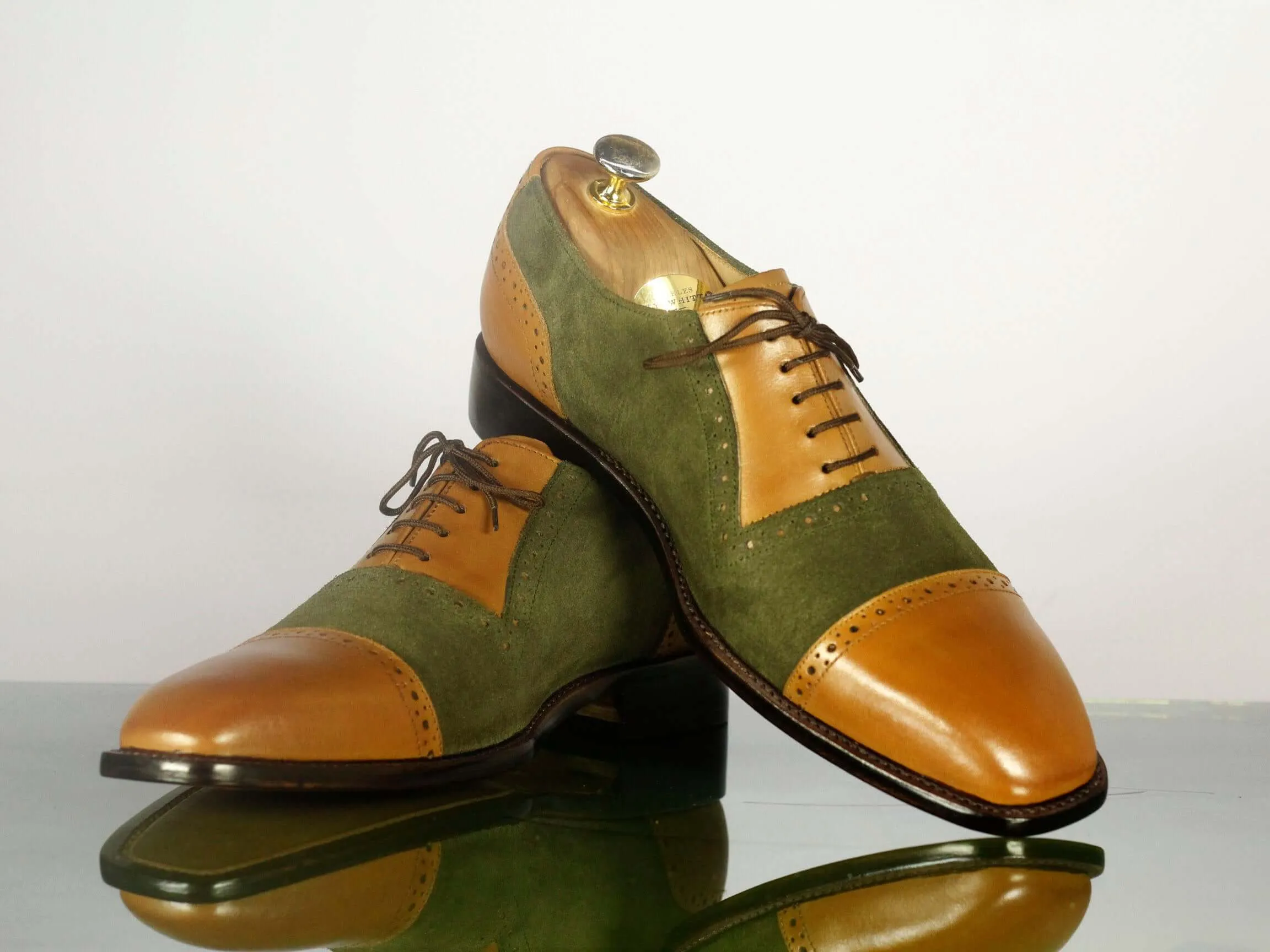 Handmade Men's Tan Green Cap Toe Leather Suede Dress Shoes, Men Designer Lace Up Shoes