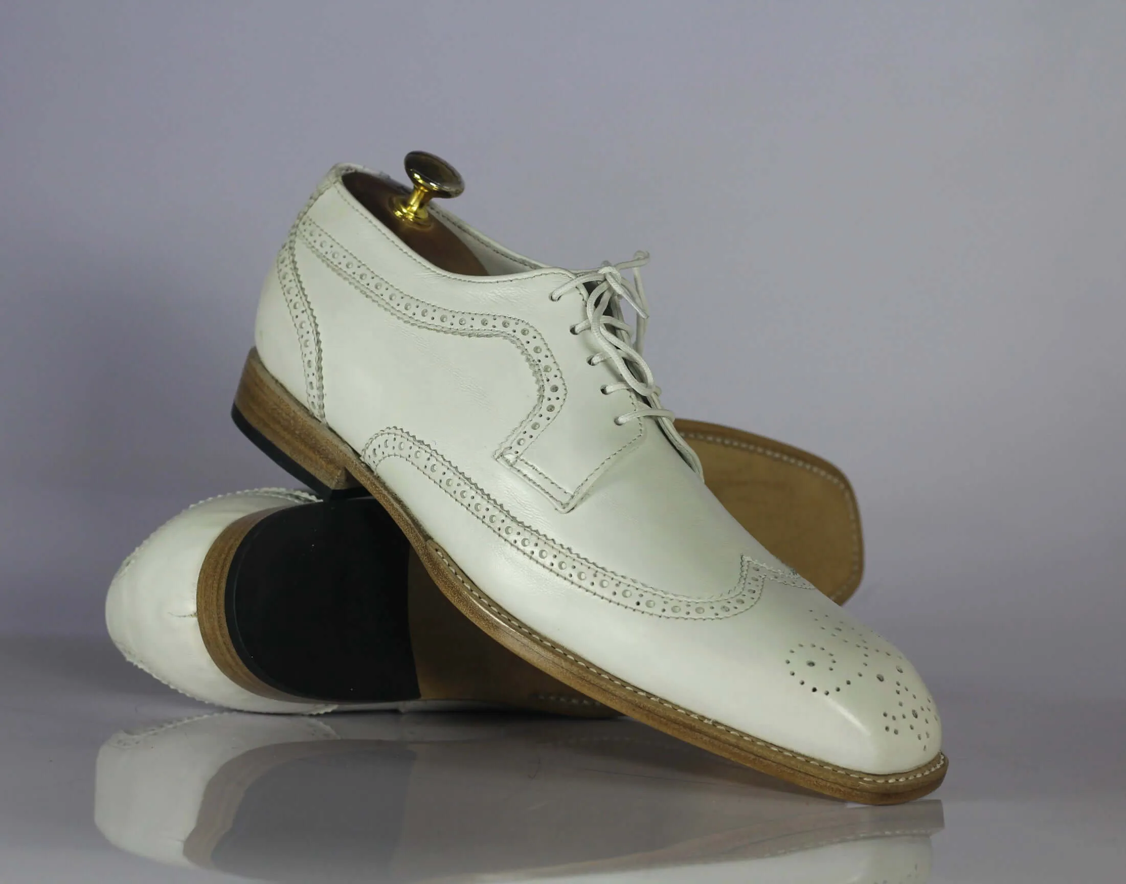 Handmade Men's White Leather Wing Tip Brogue Shoes, Men Designer Fashion Shoes