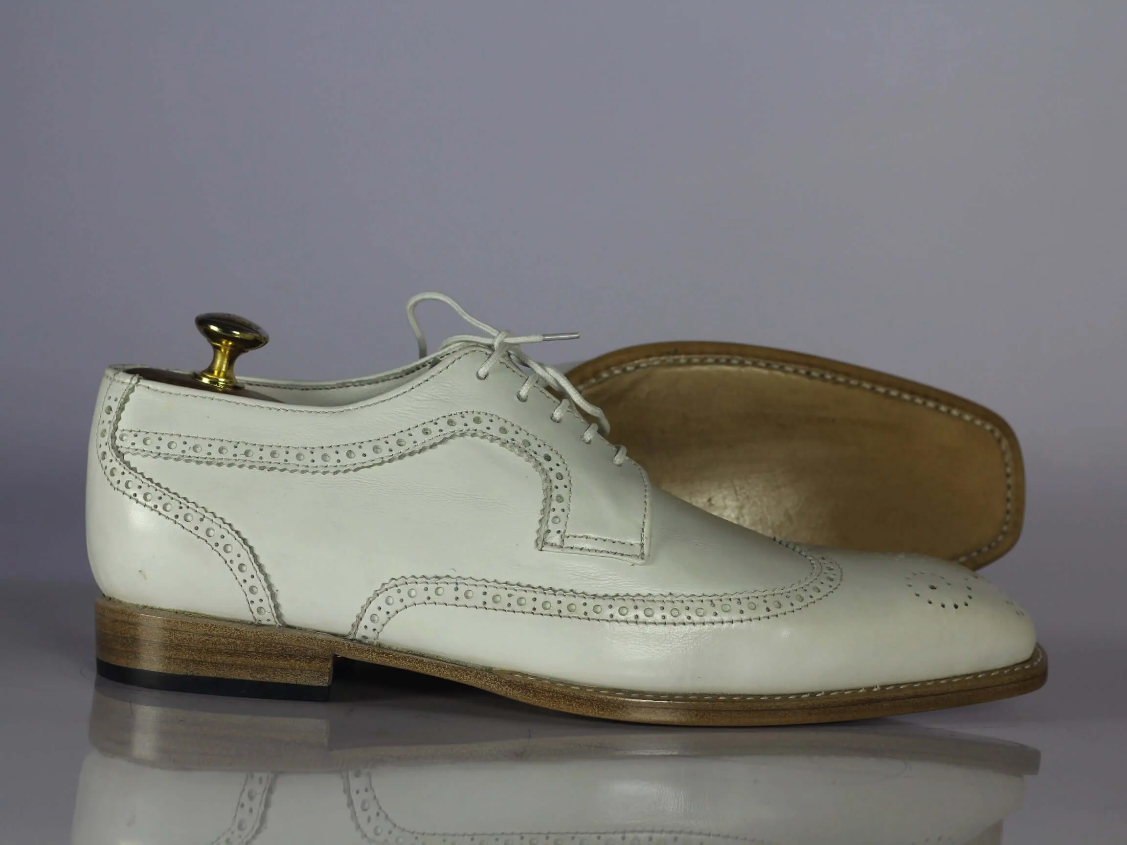 Handmade Men's White Leather Wing Tip Brogue Shoes, Men Designer Fashion Shoes