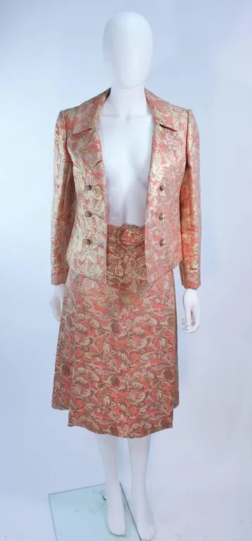 JIMI FOX Peach and Gold Brocade Skirt Suit w/ Buttons Size 6