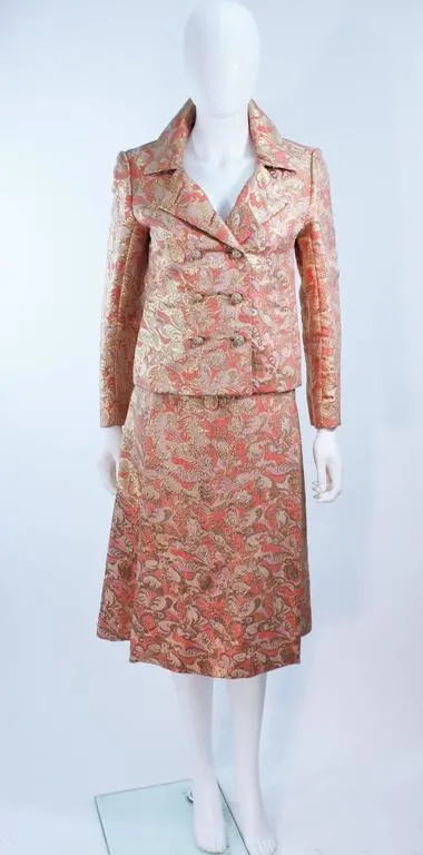 JIMI FOX Peach and Gold Brocade Skirt Suit w/ Buttons Size 6