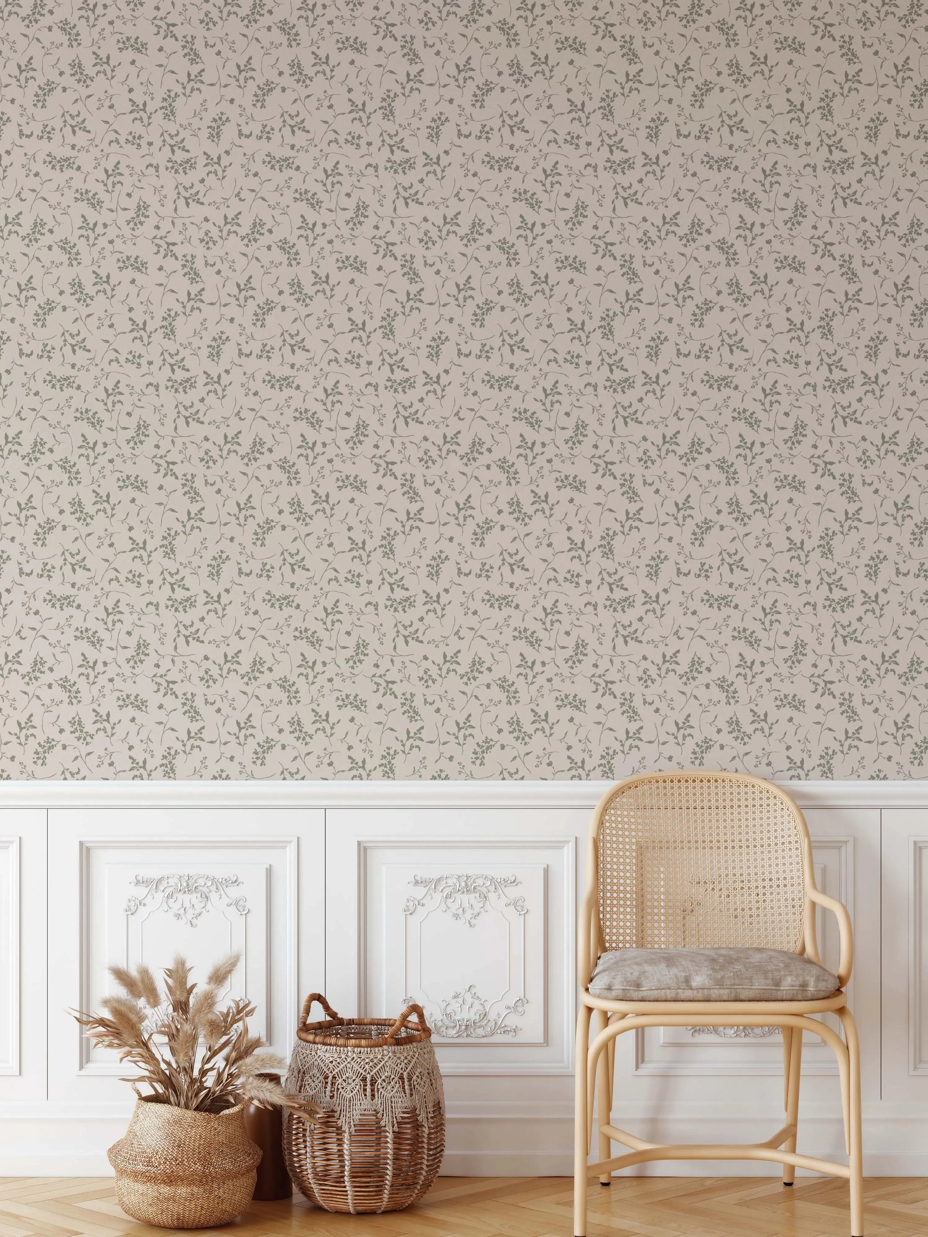 'Lulu In Green' - Vintage Green and Cream Leaf Removable Wallpaper