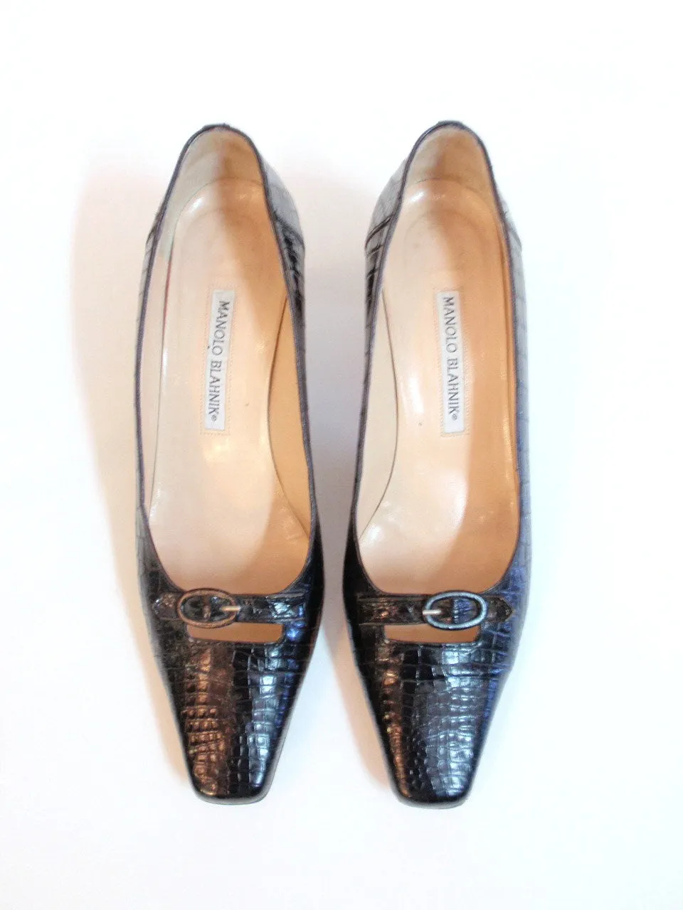 MANOLO BLAHNIK Cut out Buckle Vamp Black Crocodile 2" Heels Size 8