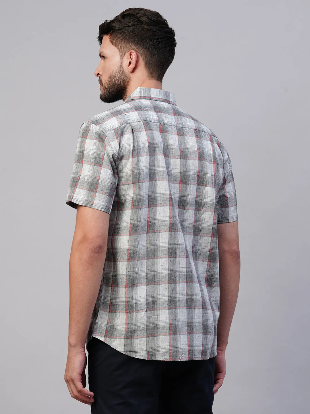 Men's Grey Cotton Lyocell Regular Fit Checked Shirt