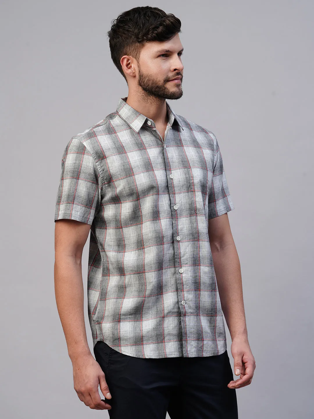 Men's Grey Cotton Lyocell Regular Fit Checked Shirt