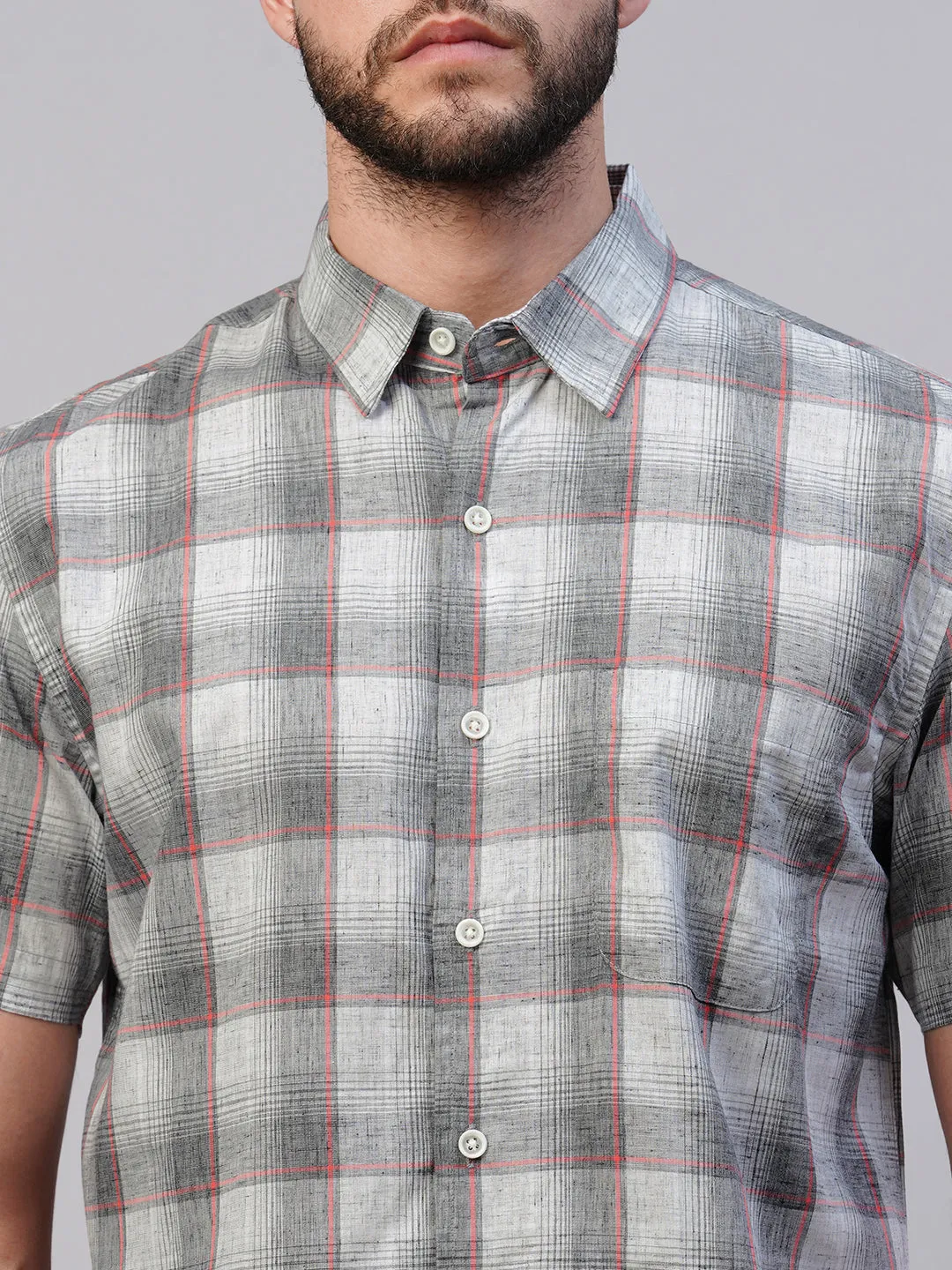 Men's Grey Cotton Lyocell Regular Fit Checked Shirt