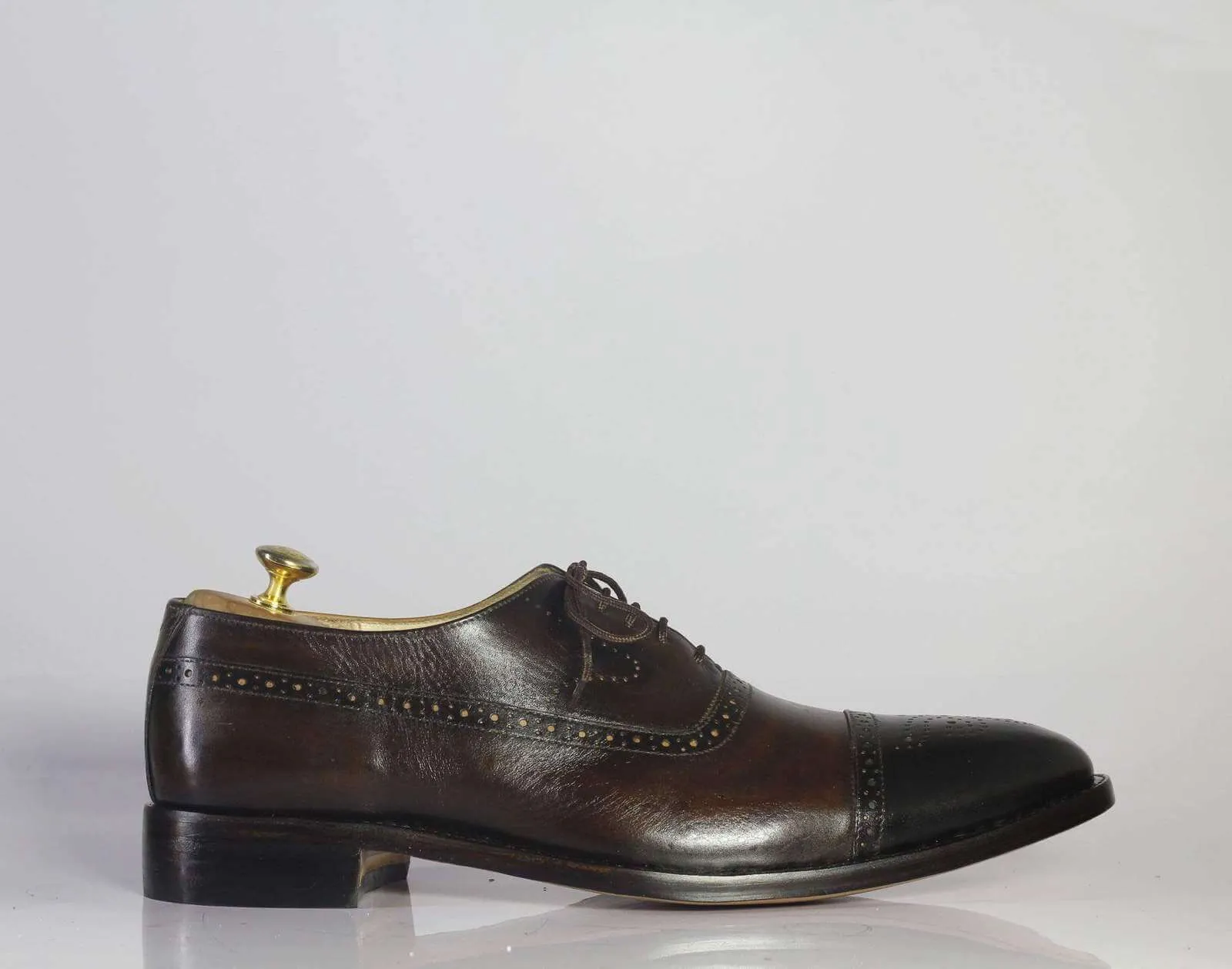 Men's Handmade Black Brown Cap Toe Brogue Leather Shoes, Men Designer Shoes