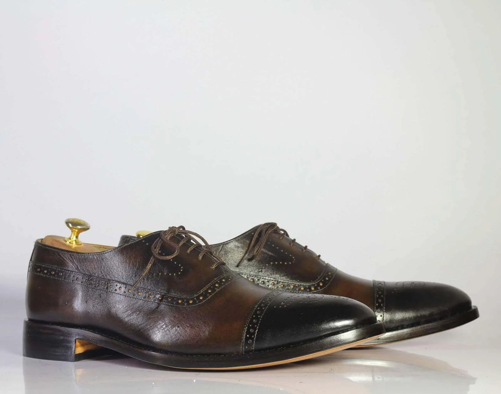 Men's Handmade Black Brown Cap Toe Brogue Leather Shoes, Men Designer Shoes