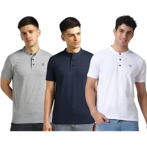 Men's Multicolor Solid Mandarin Collar Slim Fit Cotton T-Shirt Pack of 3