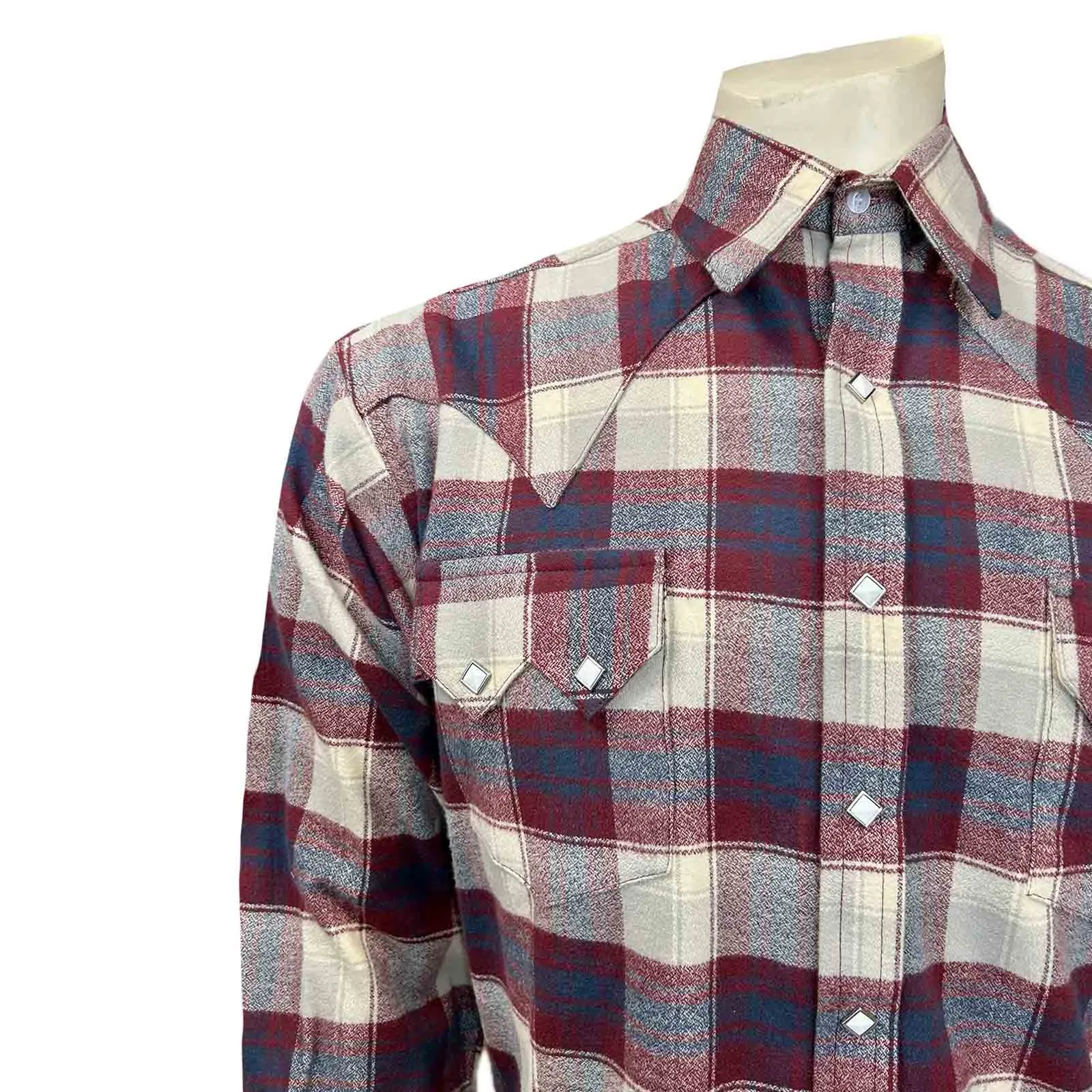 Men's Plush Flannel Burgundy & White Plaid Western Shirt