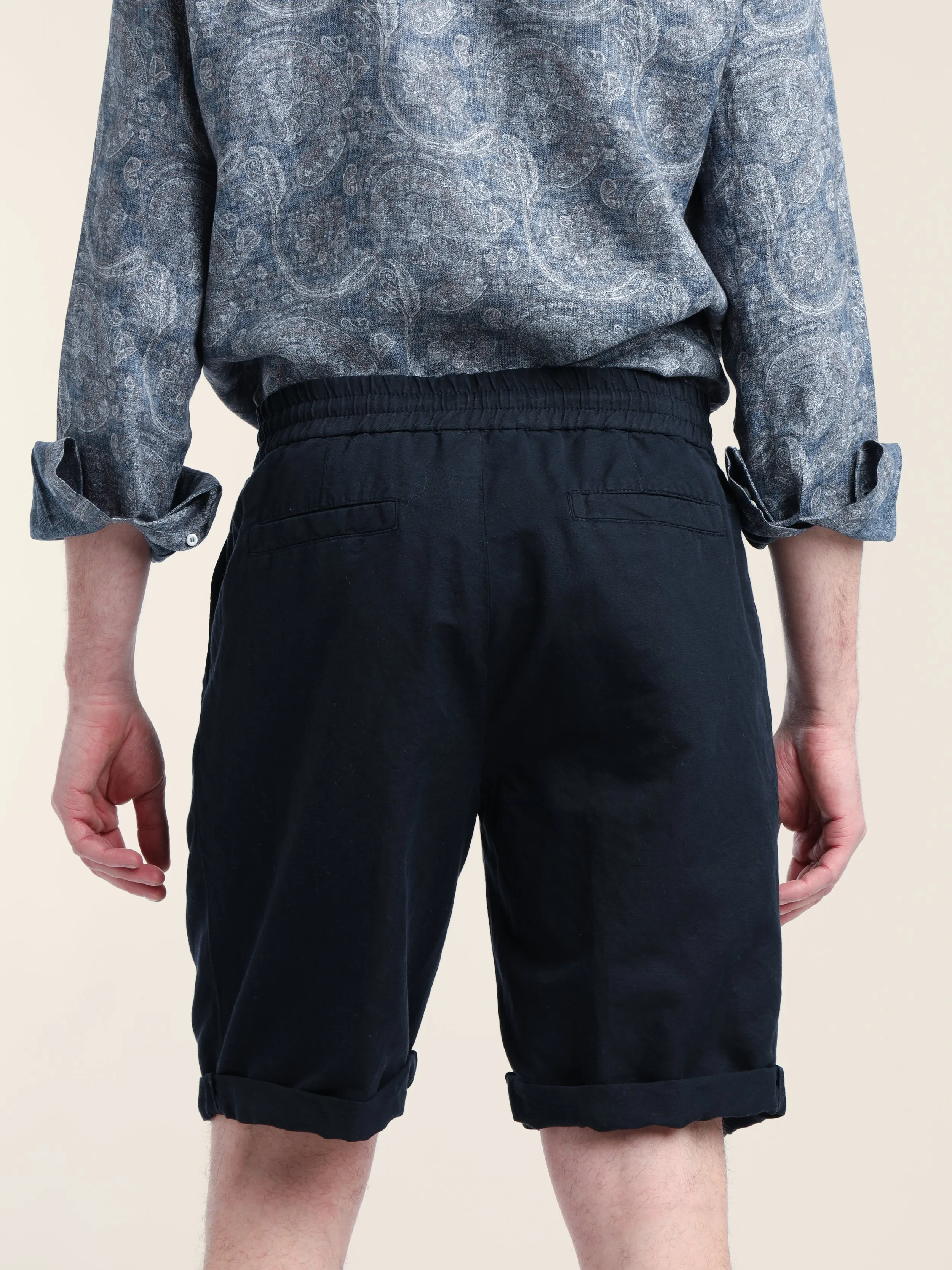 Navy Blue Garment-Dyed Linen-Cotton Bermuda Shorts