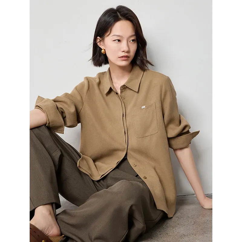 Women's Beige Workwear Blouse – Brushed Long Sleeve Solid Shirt with Turn-Down Collar for Autumn