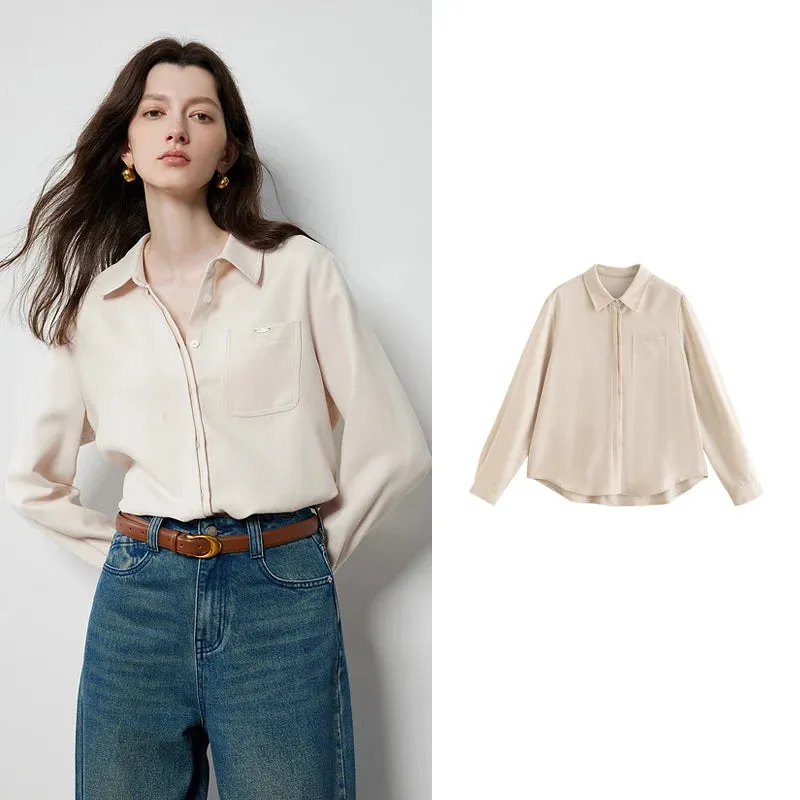 Women's Beige Workwear Blouse – Brushed Long Sleeve Solid Shirt with Turn-Down Collar for Autumn